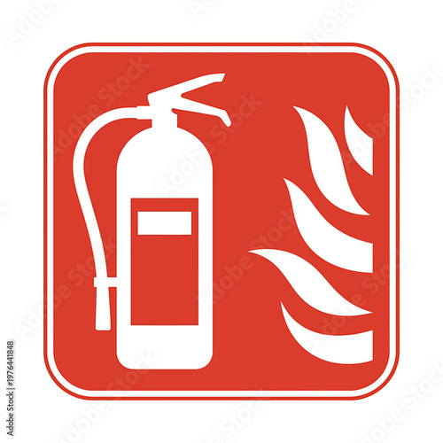 Fire extinguisher sign with flames on red background square shape