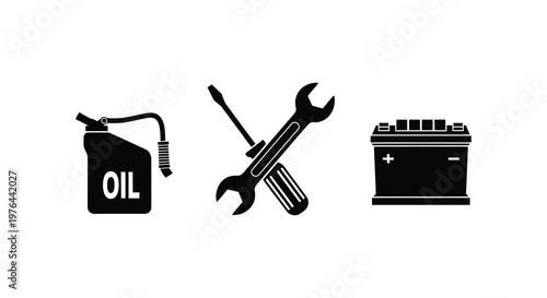 Automotive tools including oil wrench and battery black silhouette