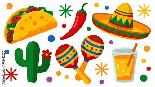 Colorful Mexican food and drink icons with sombrero and maracas on white background
