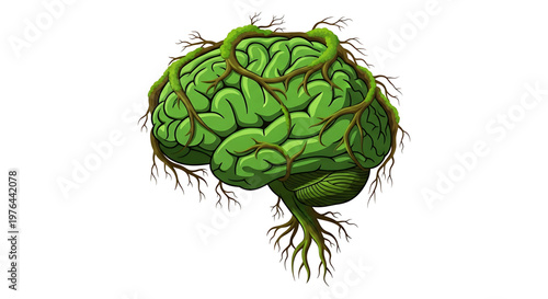A vibrant green brain with roots growing out of it, symbolizing growth and knowledge.