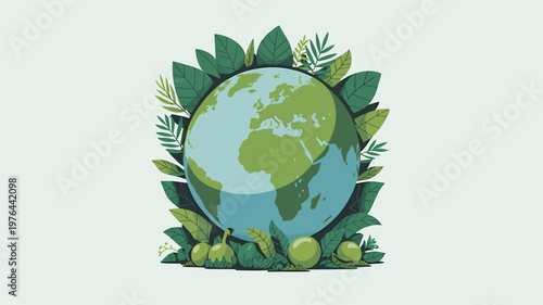 Earth globe surrounded by green leaves and fruits on light green background