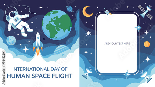 International Day of Human Space Flight poster template with astronaut and rocket  space exploration