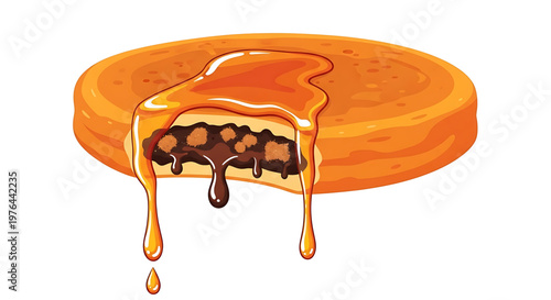 A vector graphic illustration of a pancake with syrup and chocolate chips on a white background