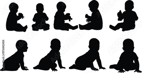 Baby silhouettes illustration, crawling sitting infant poses, childhood development vector artwork design