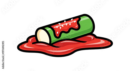 A cartoon illustration of a green cylindrical object with red liquid spilling out