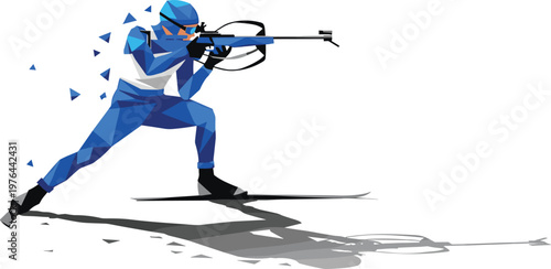 Biathlete polygonal illustration, winter sports skiing shooting, dynamic fragmented design, athlete vector artwork