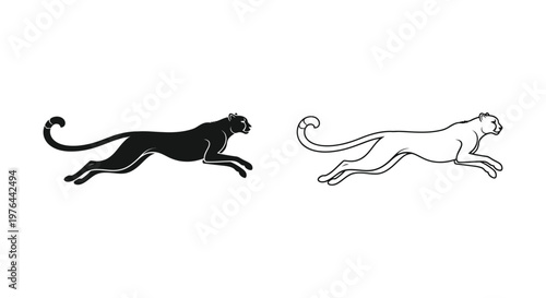 Black and White Cheetah Leopard Running Silhouettes Vector