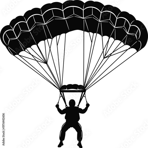 Parachuting silhouette illustration, skydiver with canopy, aerial descent vector artwork design
