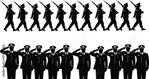 Military silhouettes illustration, marching soldiers formation, saluting officers vector artwork design