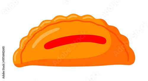 A vibrant orange empanada with a red filling on a white background