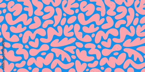 Abstract Seamless Pattern with Pink Organic Blob Shapes on Blue Background. Fun and Playful Modern Kids Texture. Vector Irregular Liquid Graphic Shapes.
