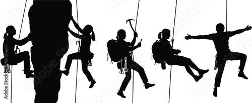 Rock climbing silhouettes illustration, rappelling climbers with gear, extreme sport vector artwork design
