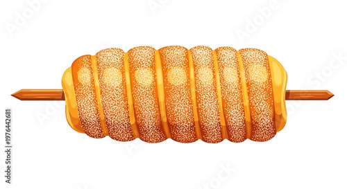 A vector graphic illustration of a crispy corndog on a stick