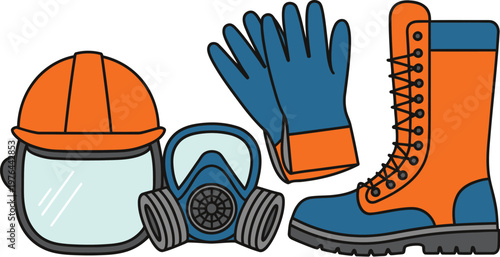 Safety gear PPE icons illustration, personal protective equipment symbols for workplace protection including helmet gloves goggles mask and boots.