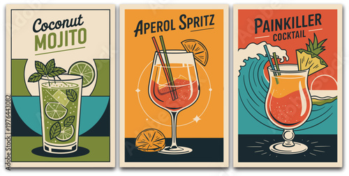 Summer cocktail poster illustration, mid century modern Aperol Spritz Coconut Mojito and Painkiller drinks for vintage bar wall art design.