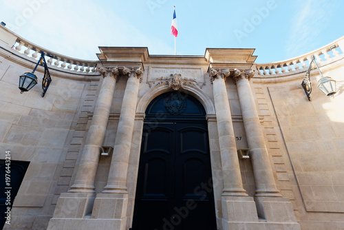 Exterior view of the entrance to the Hotel de Matignon , the official residence and workplace of the head of the French government . Paris. France.