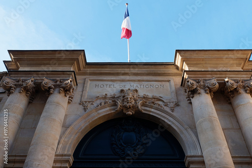 Exterior view of the entrance to the Hotel de Matignon , the official residence and workplace of the head of the French government . Paris. France.