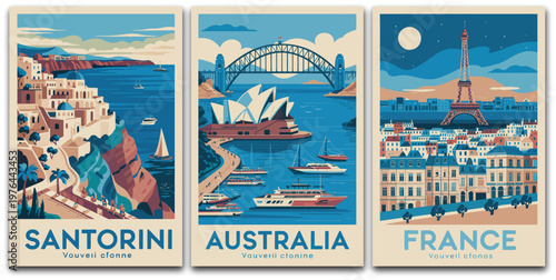 Travel destination posters illustration, Sydney Santorini Paris landscapes in retro style for tourism, vacation, and colorful vintage design.
