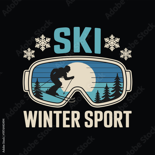 Ski typography t shirt illustration, vintage winter sport design with glasses and skier silhouette for apparel, outdoor adventure branding.
