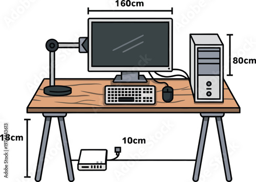 Office desk technical illustration, measurement dimensions with monitor CPU keyboard tray and table height for workspace planning and ergonomic design.