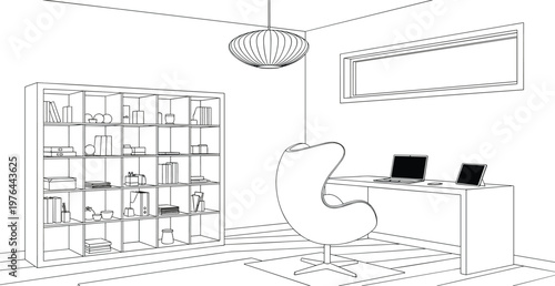 Home office interior line art with bookshelf desk chair laptop lamp modern workspace outline vector illustration