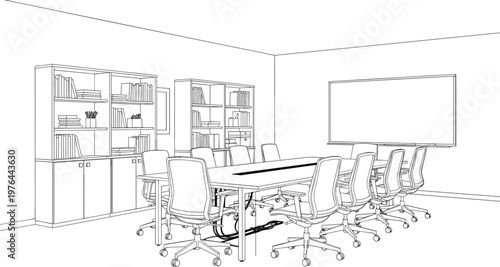 Conference room interior line art with meeting table chairs bookshelf whiteboard office workspace outline vector illustration