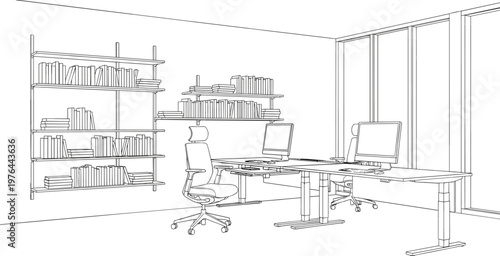 Modern office workspace interior line art with bookshelves desks computers chairs window outline vector illustration