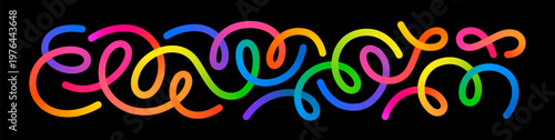Wave Shape Abstract Color Lines on Black Background. Swirl Vector Ribbons with Rainbow Gradient.
