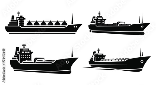 Four black ship designs presented as a stark graphic silhouette