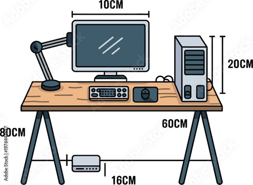 Workspace desk measurement illustration, technical office setup with monitor CPU keyboard tray and table height for ergonomic design planning.