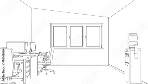 Office workspace interior line art with computer desk chairs window and water dispenser outline vector illustration