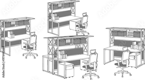 Modern office desk workstation furniture set line art with storage shelves chair workspace outline vector illustration