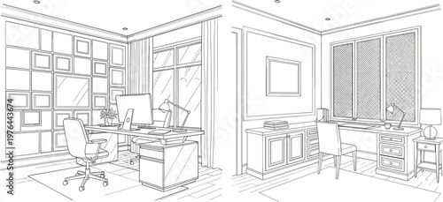 Home office interior scenes line art with desk computer decor window workspace outline vector illustration collection