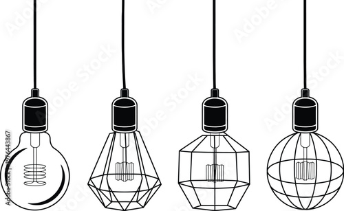 Industrial pendant light illustration set, vintage hanging bulbs wire cage lampshades and Edison filament designs in black and white line art.