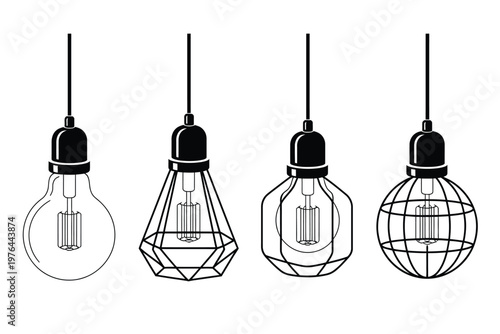 Industrial light fixtures illustration set, vintage hanging bulbs wire cage lampshades and Edison filament designs in black and white line art.