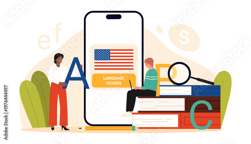 People learning American English online with smartphone, books and alphabet letters, modern language school education and e learning course isolated on white background vector illustration