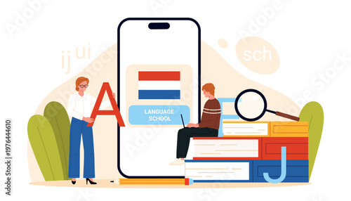 Dutch language school concept with teacher, student, smartphone app and books for studying Netherlands language and alphabet, modern online education and e-learning vector illustration