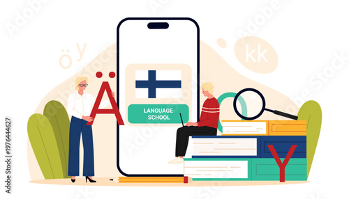 Finnish language school concept with teacher, student, smartphone app, books and Finnish flag, modern education and online course design isolated on white background vector illustration