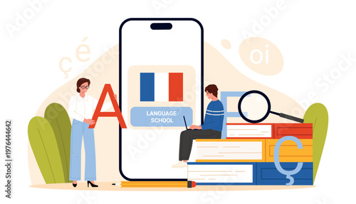 People studying French with smartphone app, books and alphabet characters, concept of online language school, e-learning and education for students, modern flat design vector illustration