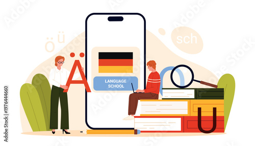 German language school concept with teacher, student, smartphone app, books and national flag promoting online German course and education isolated on white background vector illustration