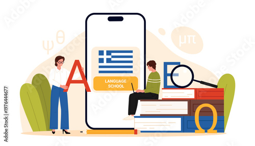 People learning Greek language online with smartphone app, books and alphabet symbols, modern education concept for language school and courses, isolated on white background vector illustration