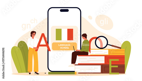 Online Italian language school concept with teacher, student using smartphone app, books and magnifying glass for studying Italian vocabulary grammar isolated on white background vector illustration