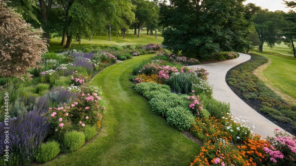 Fototapeta premium Lush garden beds of colorful flowers and green foliage flank a gently curving concrete path, with a mown grass track winding beside it through a serene park landscape