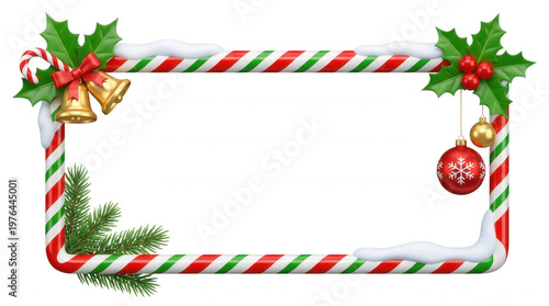 Christmas frame with candy canes bells holly berries and snow festive holiday decoration invitation mockup template