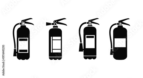 Four black fire extinguishers displayed in a simple flat silhouette