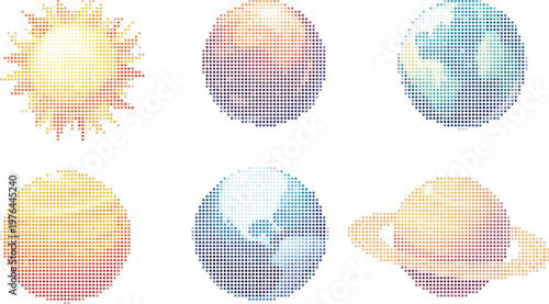 Celestial planets and sun, colorful pixel art for space enthusiasts. Vector png collage isolated on transparent