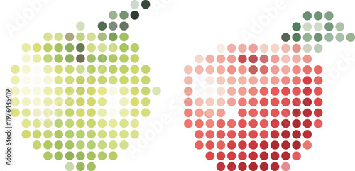 Green and red apples in digital dot pattern for modern graphic design. Vector png collage isolated on transparent