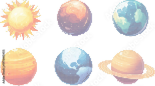 Pixel art planets, colorful digital sphere collection for creative projects. Vector png collage isolated on transparent