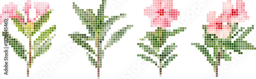 Pink floral pixel art, vibrant digital foliage, modern abstract design for creativity. Vector png collage isolated on transparent