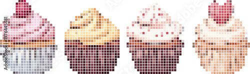 Pixelated cake art with cherry toppings, modern dessert design for creative projects. Vector png collage isolated on transparent